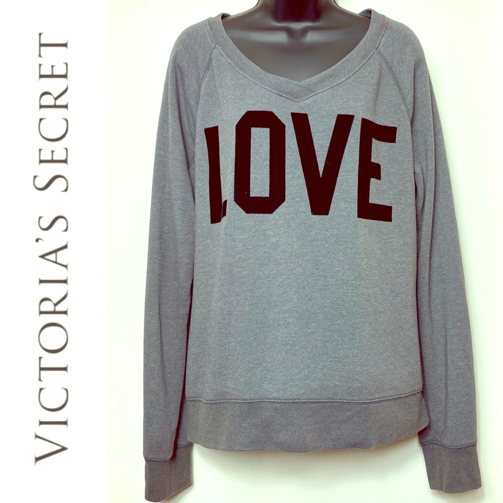 PINK Long Sleeve Gray V Neck Pullover